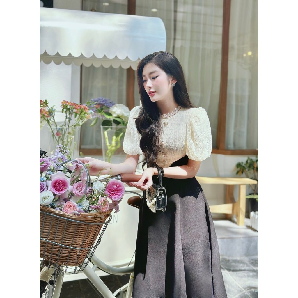 Khâu váy thiết kế ren phối đen xòe tuyết mưa phối ren nhẹ phù hợp đi làm đi chơi