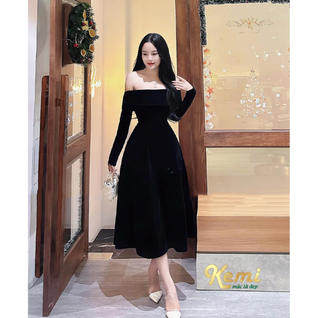 Váy thiết kế đầm nhung đen trễ vai tay day dài váy xòe dưới gối dáng váy chữ A Kemi