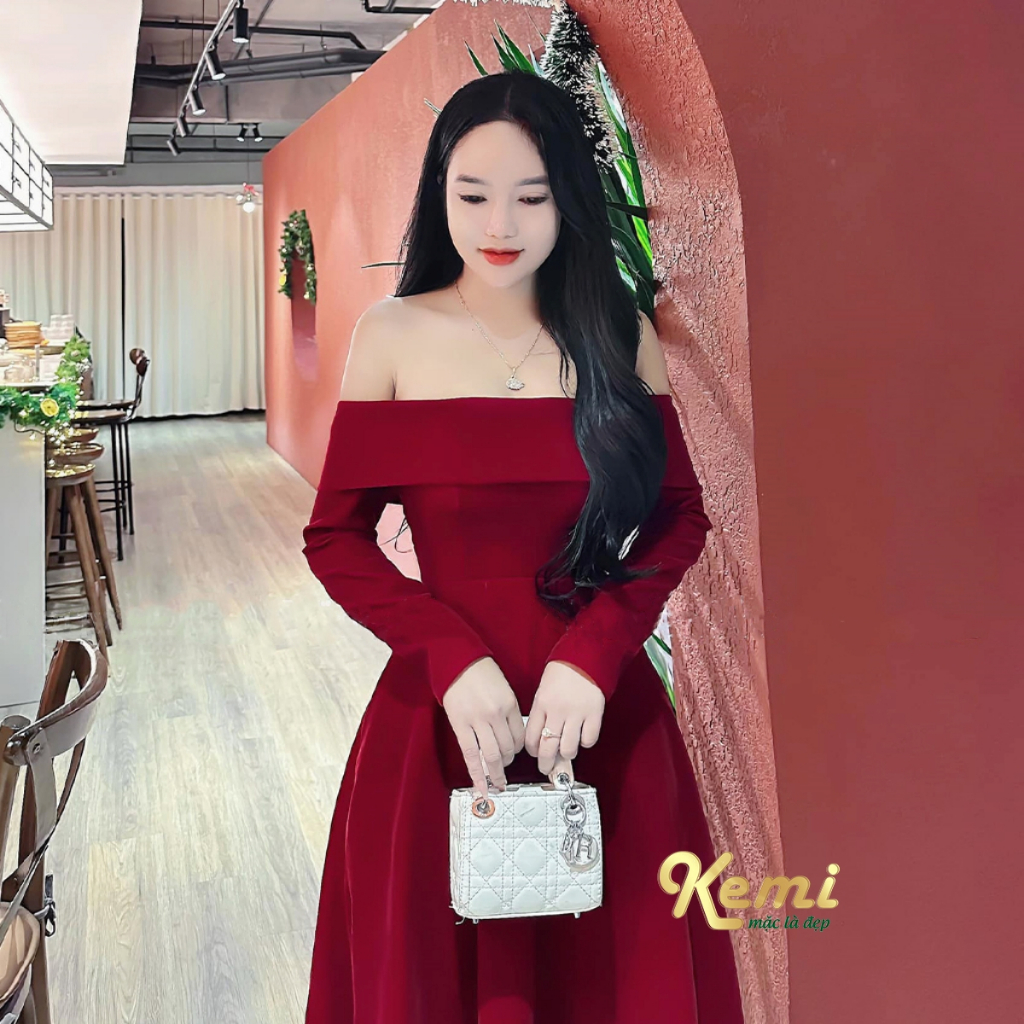 Váy thiết kế đầm nhung đen trễ vai tay day dài váy xòe dưới gối dáng váy chữ A Kemi