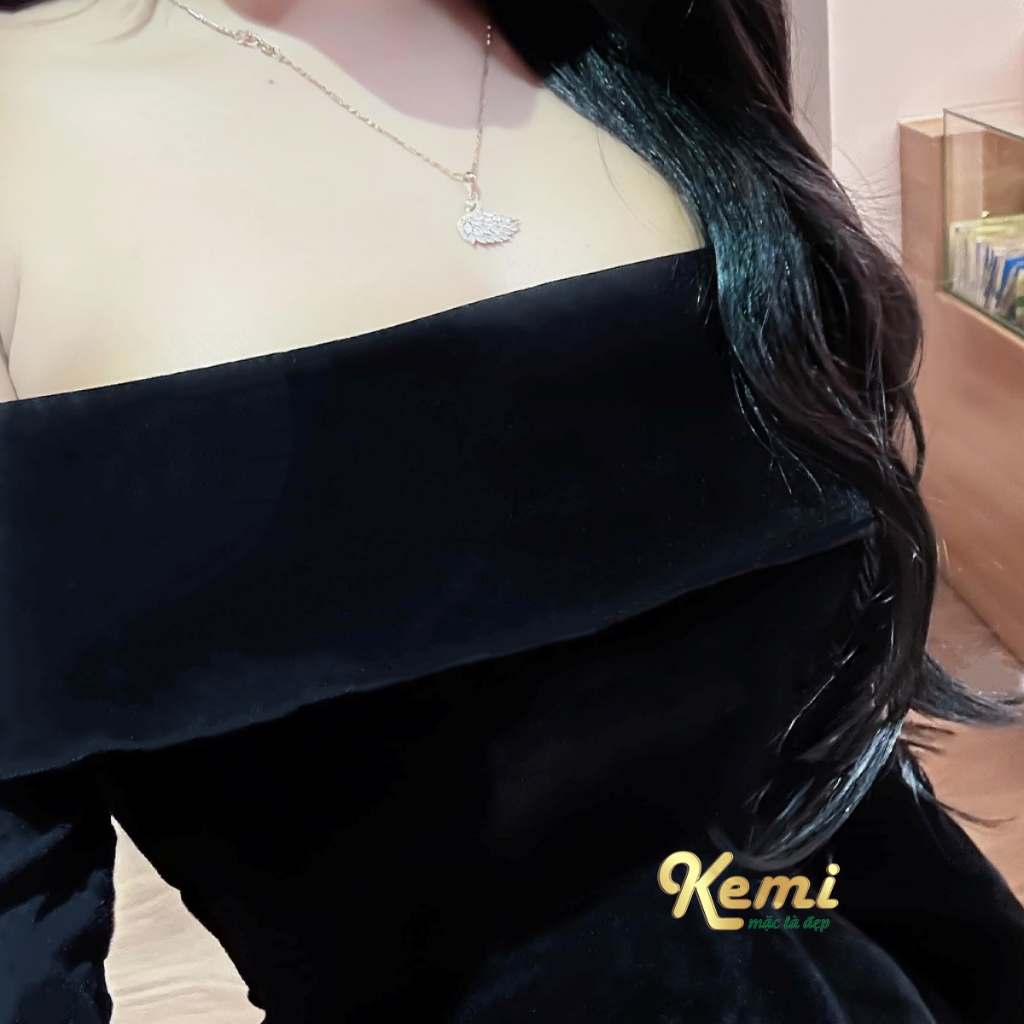 Váy thiết kế đầm nhung đen trễ vai tay day dài váy xòe dưới gối dáng váy chữ A Kemi