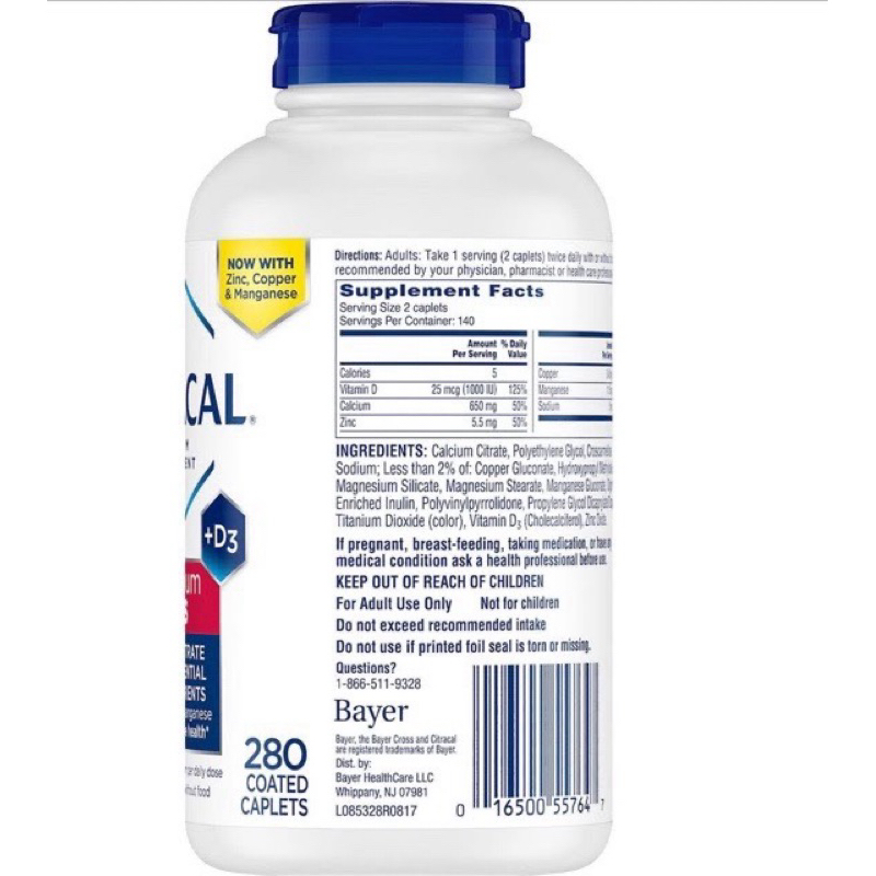 Viên uống bổ sung canxi Citracal +D3 Maximum Plus Calcium Citrate 280 viên từ Mỹ
