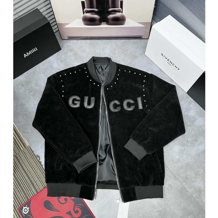 Áo Khoác Bomber Đính Đá Thêu Gu-cci Trước Ngực Chất Vải Nỉ Nhung Mềm Mượt - Áo Bomber Nam Nữ 2 Lớp Dày Dặn Cao Cấp