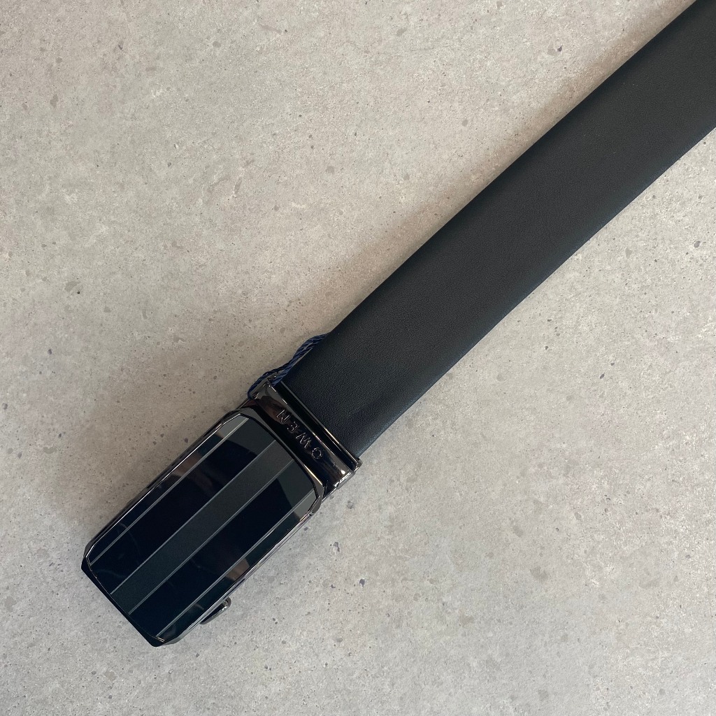 Thắt lưng da bò thật nam cao cấp OWEN BELT221355 dây nịt màu đen mặt kẻ trắng hợp kim đúc nguyên khối khóa trượt tự động