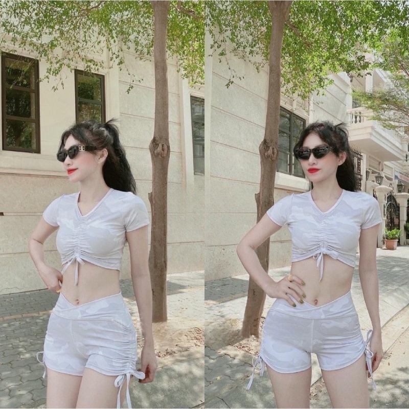 Bộ tập gym nữ áo croptop dây rút kết hợp quần đùi thể thao dây rút cho bạn nữ tập gym, yoga, erobic.. của easy.store8595