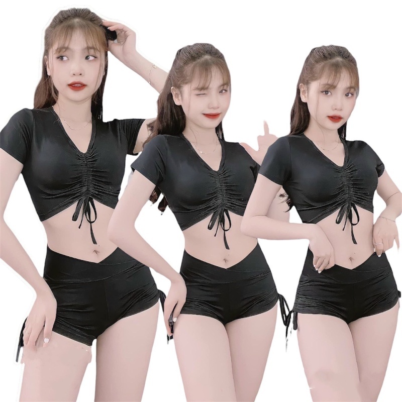 Bộ tập gym nữ áo croptop dây rút kết hợp quần đùi thể thao dây rút cho bạn nữ tập gym, yoga, erobic.. của easy.store8595