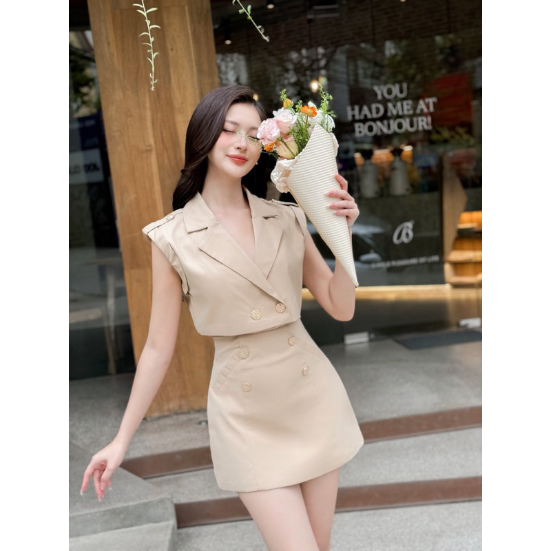 SET CHÂN VÁY ÁO VEST CROPTOP KÈM BRA REN