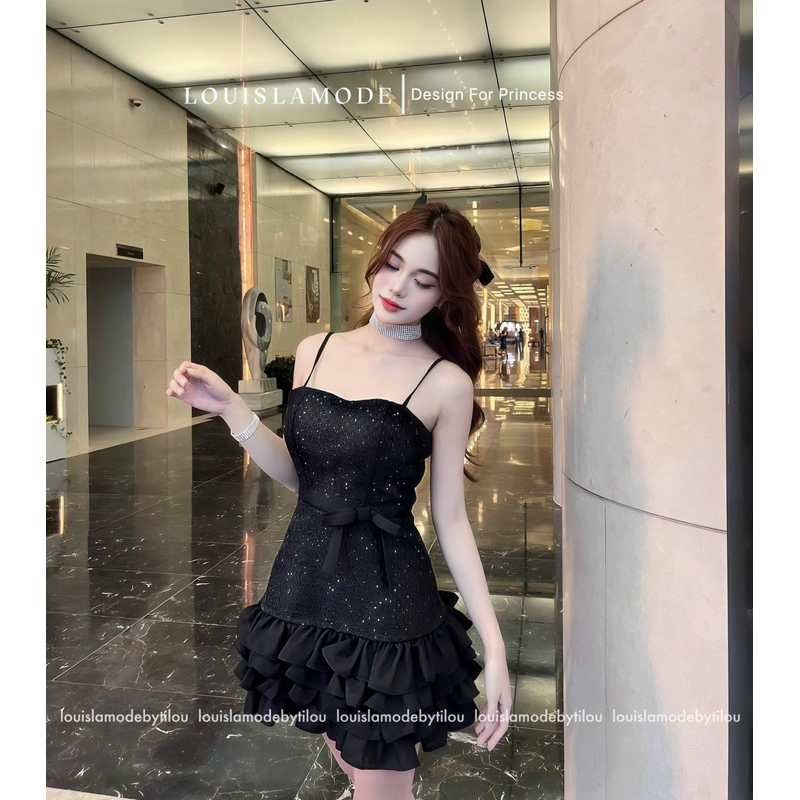 Set Dạ Kim Tuyến Lấp Lánh Váy Hai Dây Xếp Tầng Bèo Đính Nơ Eo Kèm Áo Khoác Lửng