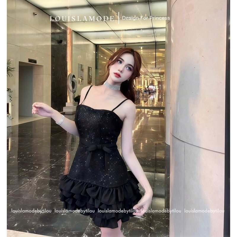 Set Dạ Kim Tuyến Lấp Lánh Váy Hai Dây Xếp Tầng Bèo Đính Nơ Eo Kèm Áo Khoác Lửng