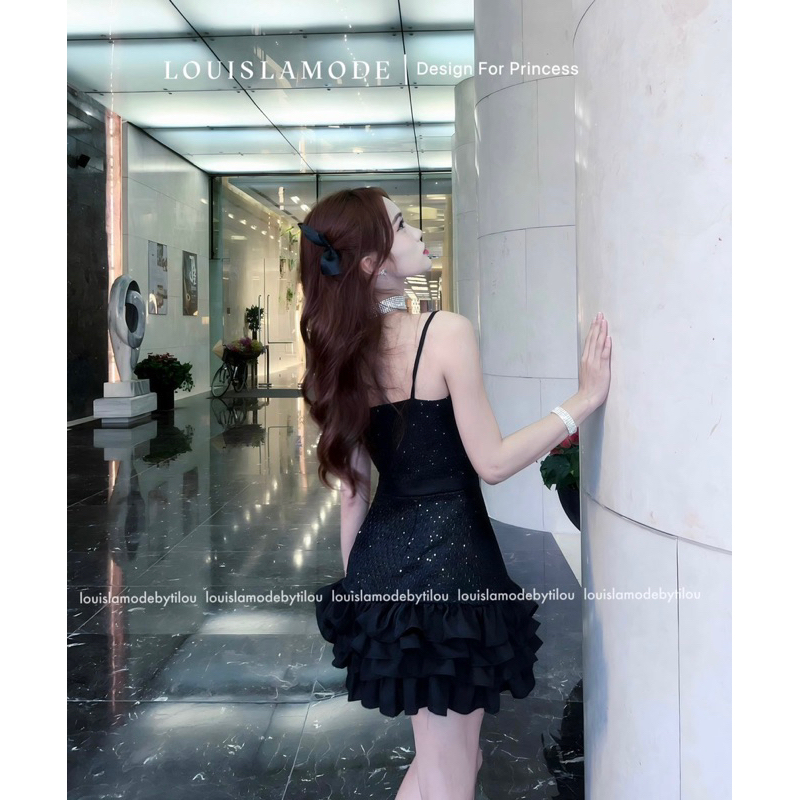 Set Dạ Kim Tuyến Lấp Lánh Váy Hai Dây Xếp Tầng Bèo Đính Nơ Eo Kèm Áo Khoác Lửng