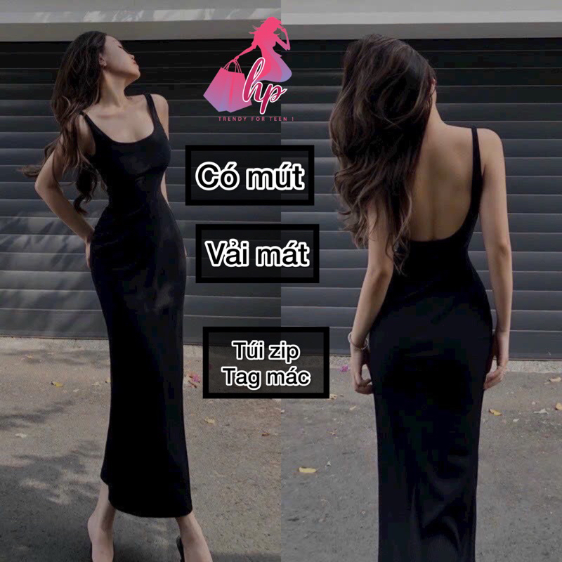 Đầm 2 dây bản to dài hở lưng , váy hai dây nữ maxi dài ôm body màu đen đi tiệc tôn dáng có mút VD956