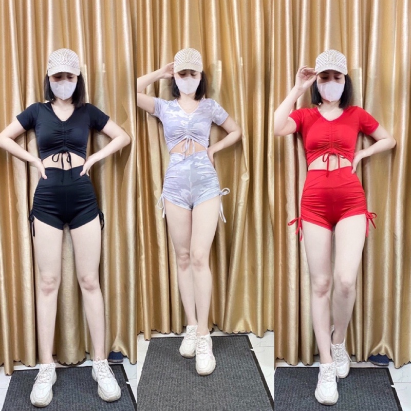 Bộ tập gym nữ áo croptop dây rút kết hợp quần đùi thể thao dây rút cho bạn nữ tập gym, yoga, erobic.. của easy.store8595