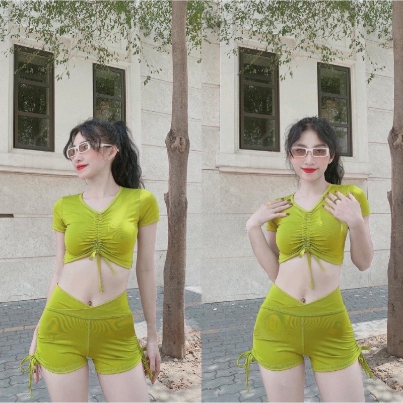 Bộ tập gym nữ áo croptop dây rút kết hợp quần đùi thể thao dây rút cho bạn nữ tập gym, yoga, erobic.. của easy.store8595