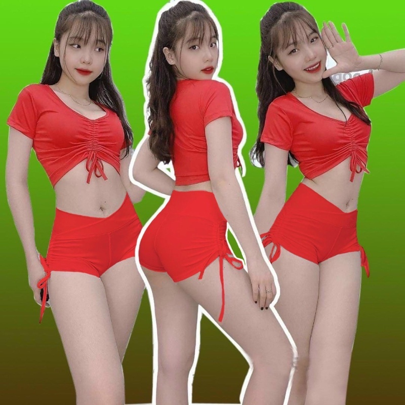 Bộ tập gym nữ áo croptop dây rút kết hợp quần đùi thể thao dây rút cho bạn nữ tập gym, yoga, erobic.. của easy.store8595