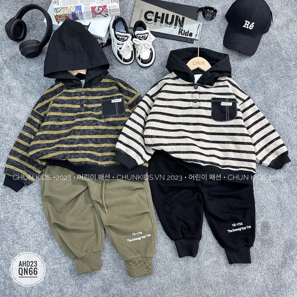 AHD23 - ÁO Hoodie kẻ ngang mũ đen lót lông - 1560 CHO BÉ