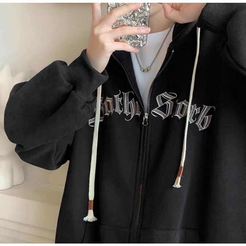 Áo khoác hoodie zip nam nữ 2 túi thêu chữ BATHE STORB form rộng jacket unisex có khóa kéo vải nỉ bông siêu dày