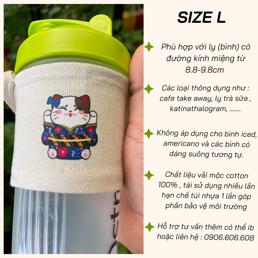 Túi treo ly cốc  HT-Fashion vải Canvas màu mộc in hình Gấu Teddy Cute