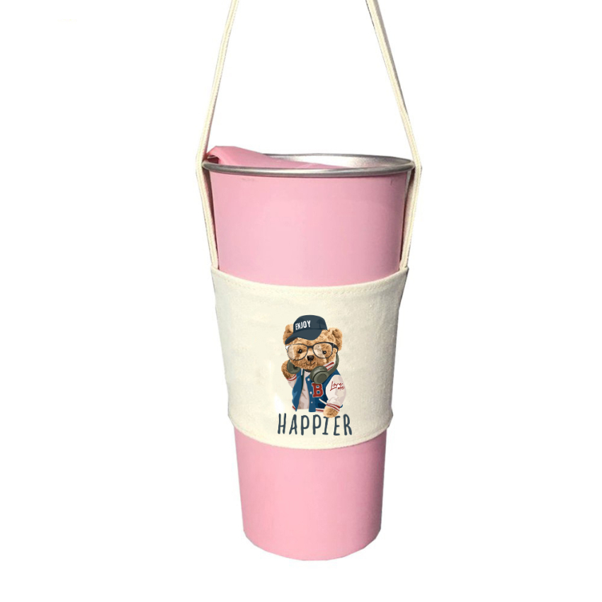 Túi treo ly cốc  HT-Fashion vải Canvas màu mộc in hình Gấu Teddy Cute