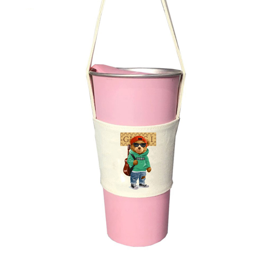 Túi treo ly cốc  HT-Fashion vải Canvas màu mộc in hình Gấu Teddy Cute
