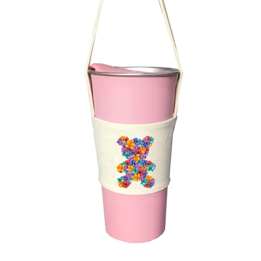 Túi treo ly cốc  HT-Fashion vải Canvas màu mộc in hình Gấu Teddy Cute