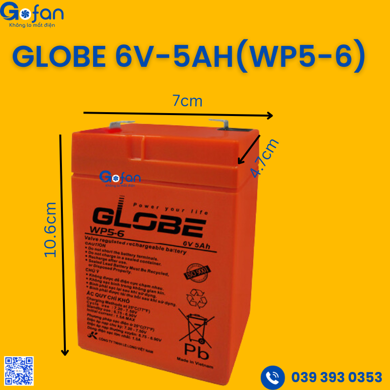 Ắc quy Globe 6V-5Ah - Ắc quy 5ah 6V Globe WP5-6