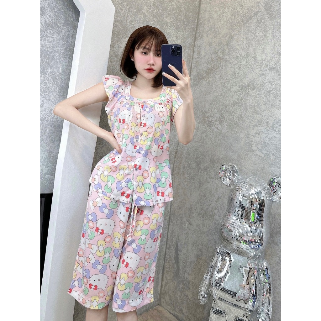 Đồ tole nữ, đồ bộ lanh mặc nhà áo cánh tiên, cổ vuông, quần lửng F21 VNXK (43-75kg) cao cấp - SHOP5SAO