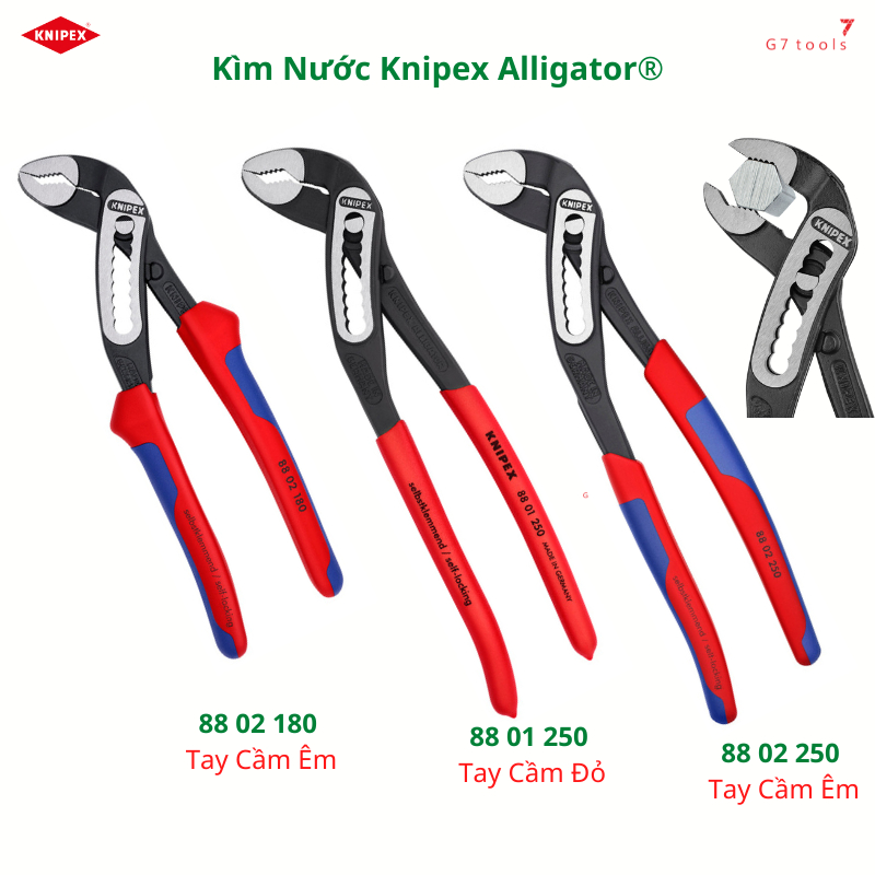 Kìm Nước Mỏ Quạ Alligator Knipex 88 02 180/ 88 01 250/ 88 02 250/ 88 05 250/ Bản Cách Điện 88 06 250 và 88 07 250