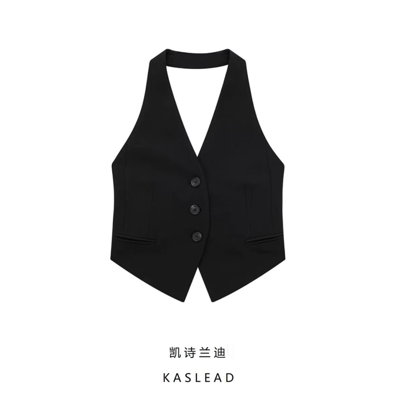 Áo cổ yếm dáng vest hở lưng màu đen hàng TQ