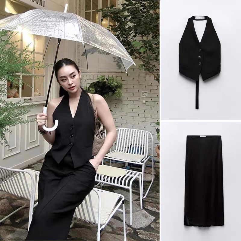 Áo cổ yếm dáng vest hở lưng màu đen hàng TQ