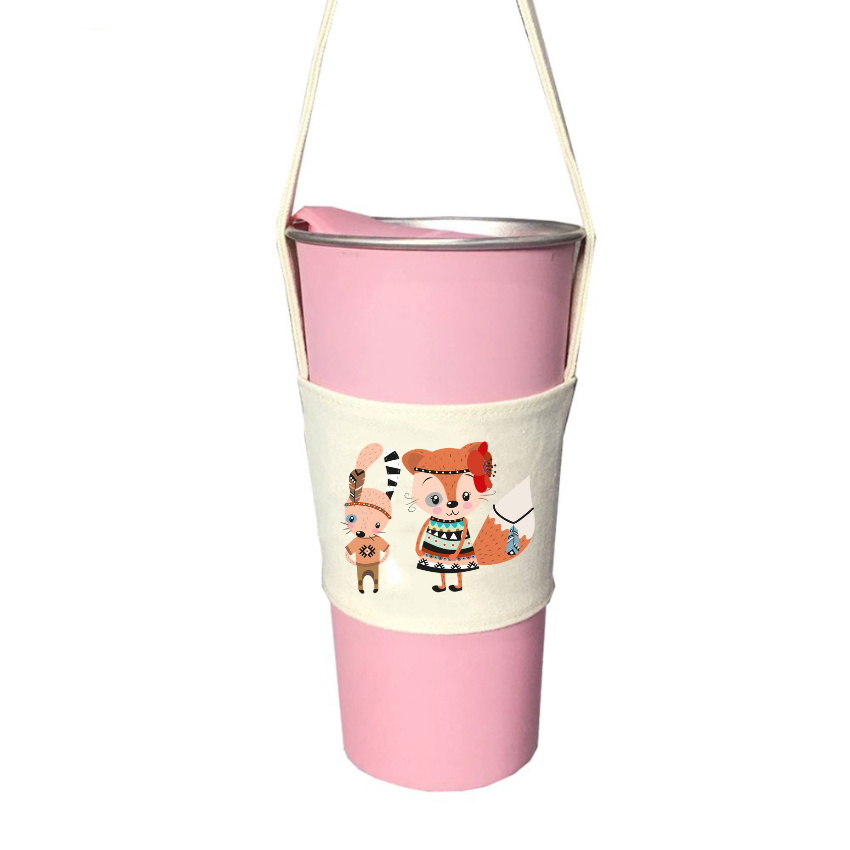 Túi treo ly cốc (cup holder) Ginko Canvas in hình Gấu Hoa - Mèo chibi ( nhiều size)