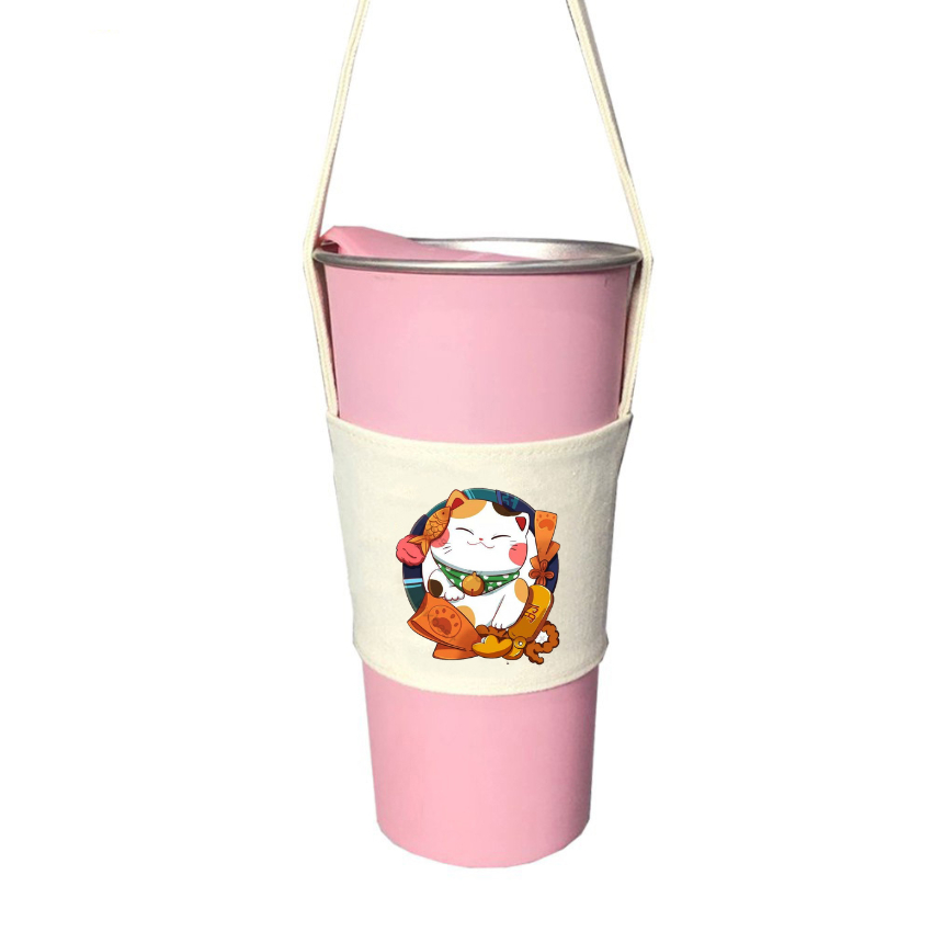 Túi treo ly cốc (cup holder) Ginko Canvas in hình Gấu Hoa - Mèo chibi ( nhiều size)