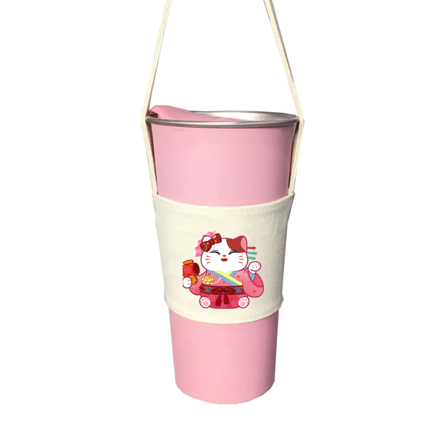 Túi treo ly cốc (cup holder) Ginko Canvas in hình Gấu Hoa - Mèo chibi ( nhiều size)