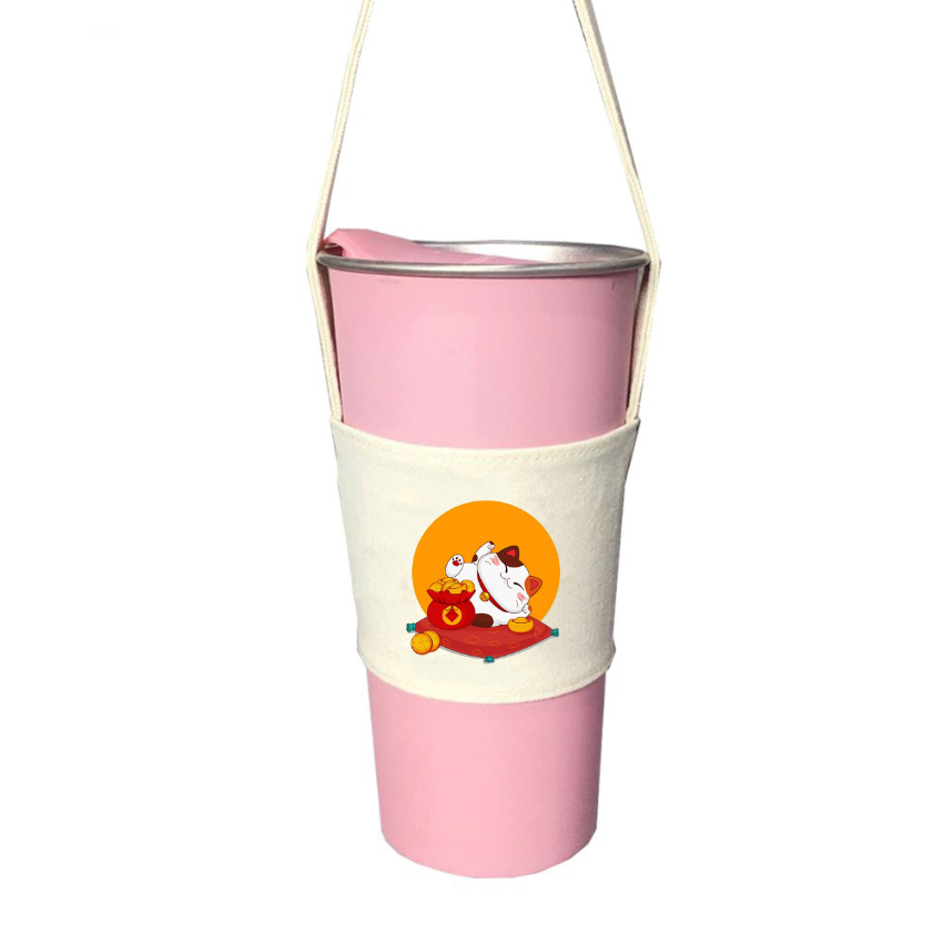 Túi treo ly cốc (cup holder) Ginko Canvas in hình Gấu Hoa - Mèo chibi ( nhiều size)