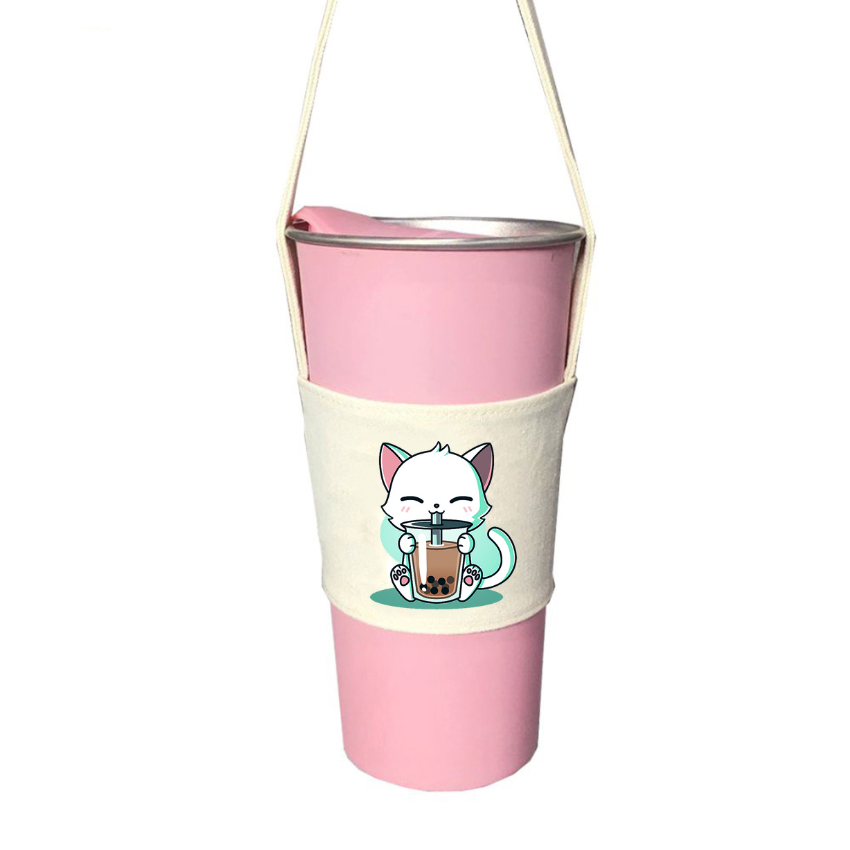 Túi treo ly cốc (cup holder) Ginko Canvas in hình Gấu Hoa - Mèo chibi ( nhiều size)