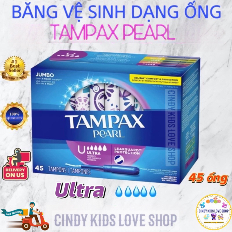 Băng vệ sinh dạng ống Tampax Pearl Utra 5giọt 45ống/1hộp