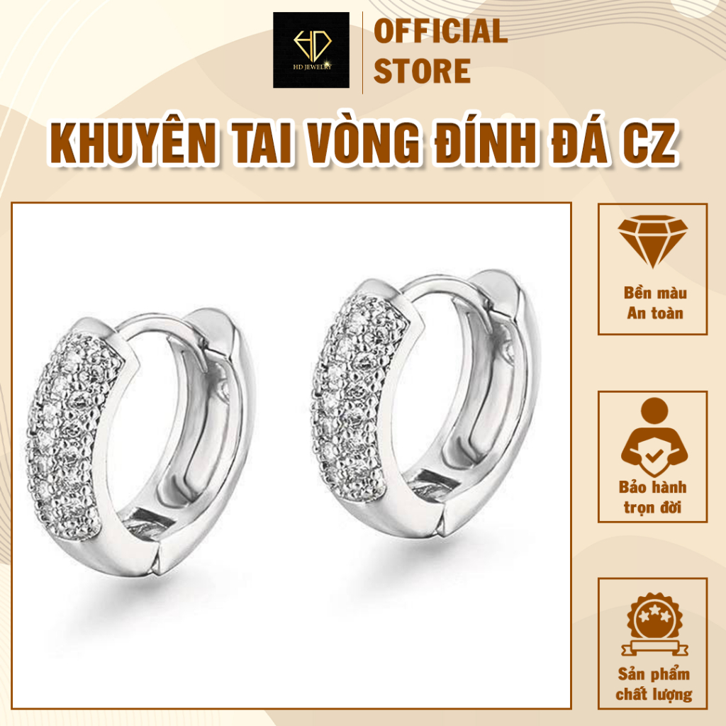 Khuyên Tai HD Jewelry - Bông Tai Vòng Đính Đá Cz Được Làm Từ Chất Liệu Bạc 925 Cao Cấp Xi Vàng Trắng