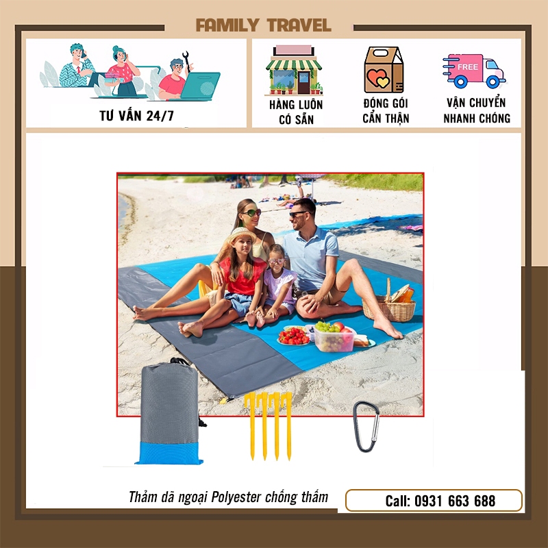 Thảm dã ngoại Polyester chống thấm nước có túi đựng- Thảm bạt picnic 2m1x2m4 dã ngoại, tắm biển đa năng - Family Travel