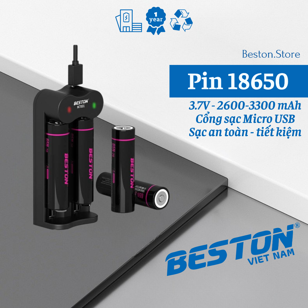 Pin 18650 3.7V 2600-3300mAh cao cấp - Sạc M7001 thông minh BESTON