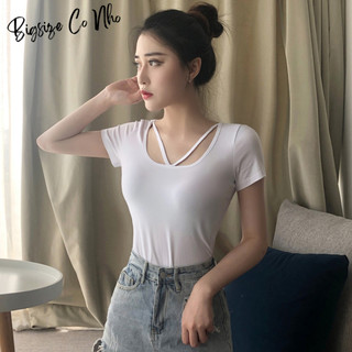 Áo thun kiểu bigsize nữ cá tính trẻ trung tay ngắn cổ tròn cách điệu dây chéo v vải thun borip đơn giản dễ mặc- A26