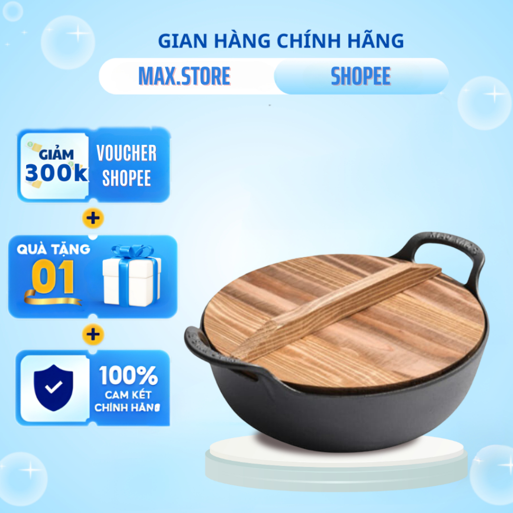 Chảo Gang Sâu Lòng Đúc Thủ Công Tặng Kèm Nắp Gỗ, Chiên - Xào - Rán Siêu Chống Dính Size 20cm Dung Tích 1.3L
