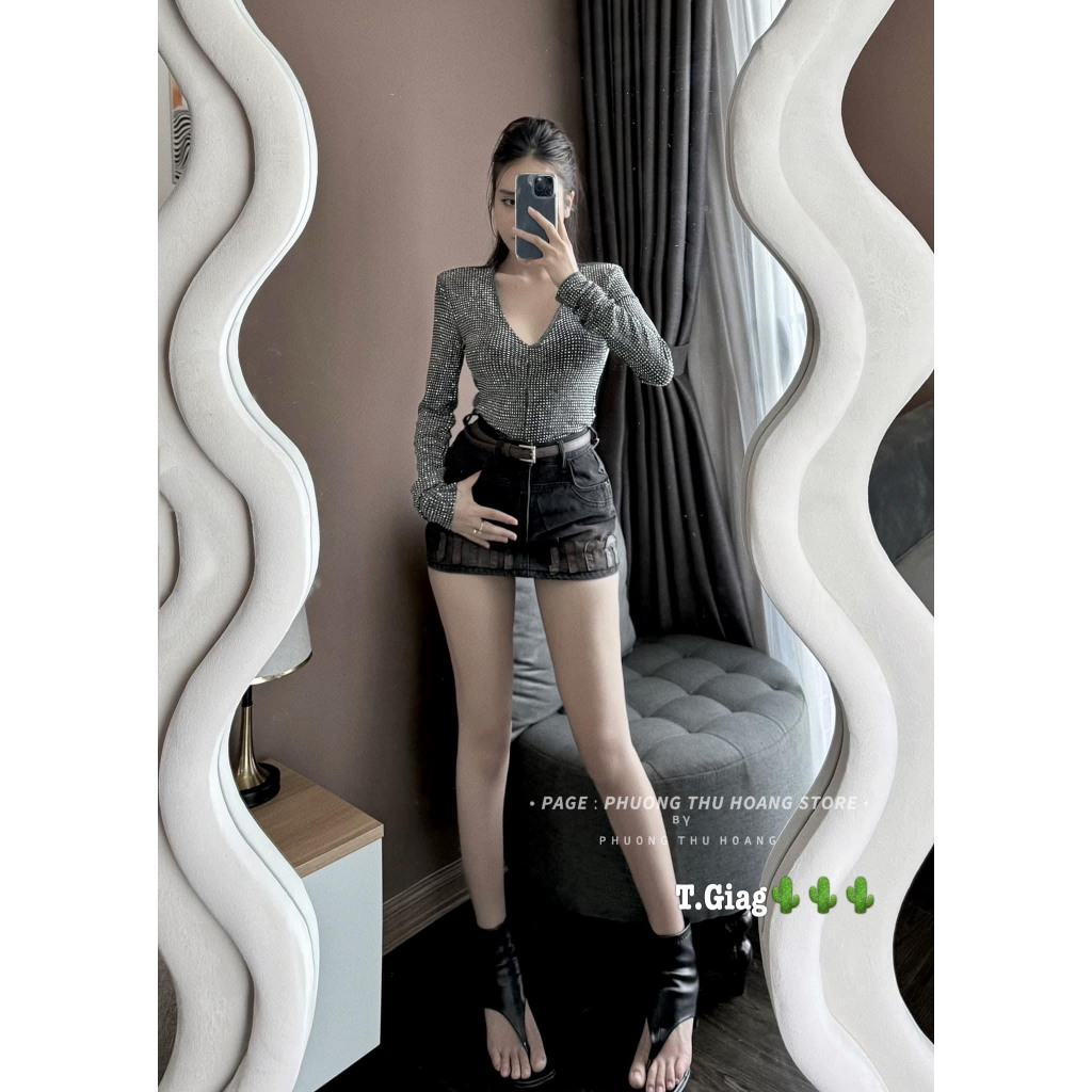 Chân váy mini denim jeans đính đá QCL1 LuciK Shop CV0015