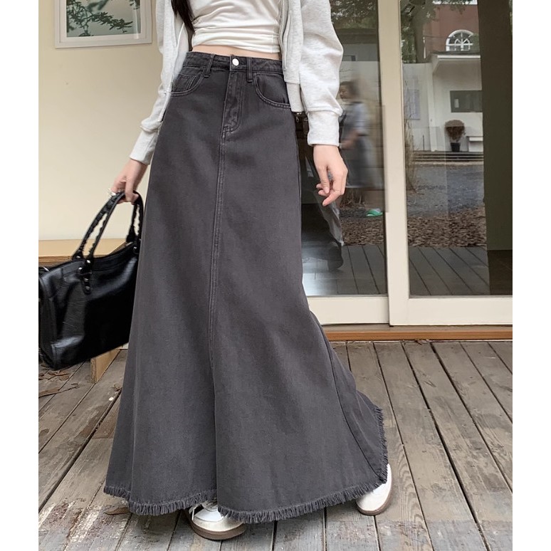 Chân váy jean dài màu retro lưng cao xòe dáng chữ A