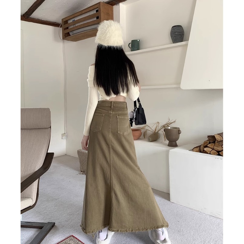 Chân váy jean dài màu retro lưng cao xòe dáng chữ A