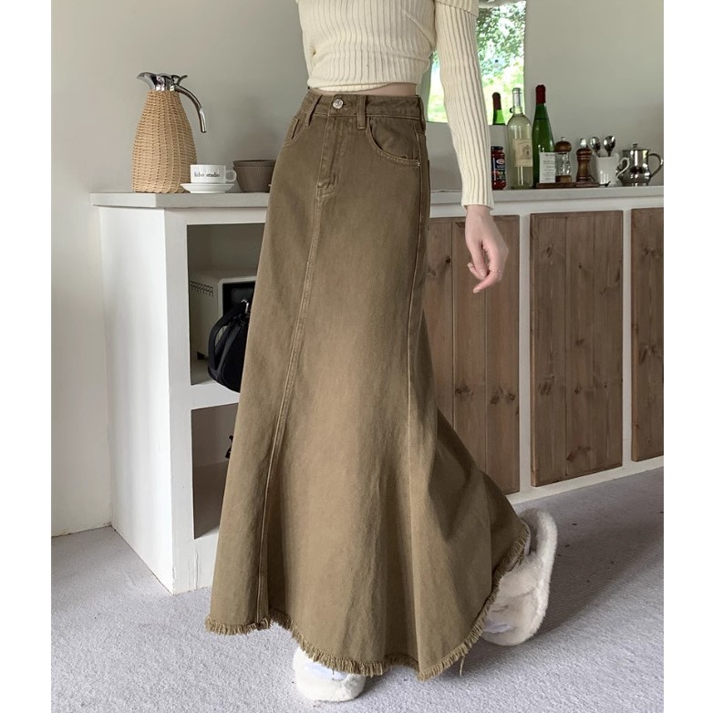 Chân váy jean dài màu retro lưng cao xòe dáng chữ A