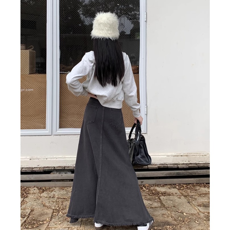 Chân váy jean dài màu retro lưng cao xòe dáng chữ A