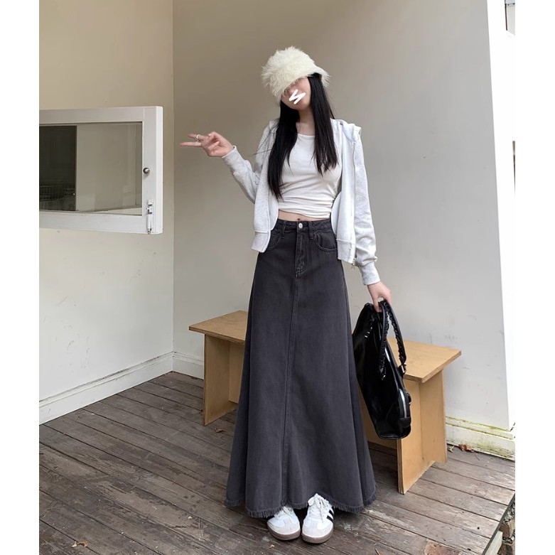 Chân váy jean dài màu retro lưng cao xòe dáng chữ A