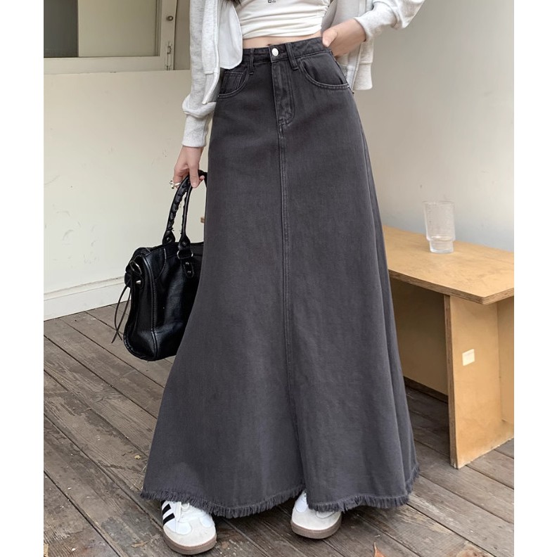 Chân váy jean dài màu retro lưng cao xòe dáng chữ A