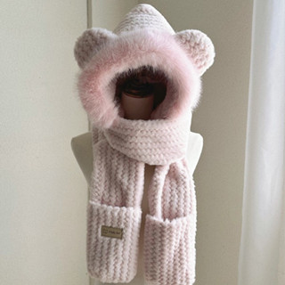 Mũ len trùm đầu tai gấu, khăn quàng cổ có mũ và găng tay siêu siêu ấm, siêu kute