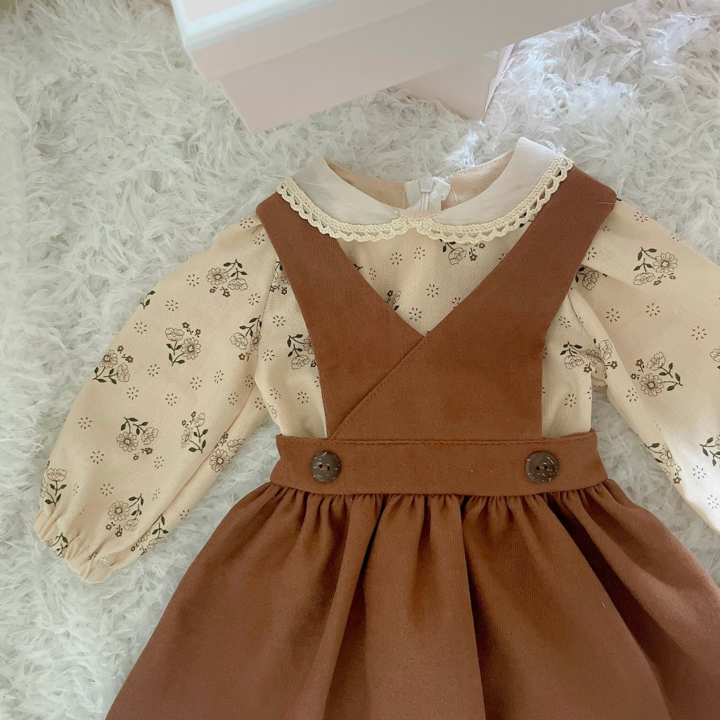 Váy bé gái Mykids váy thu đông cho bé set vintage trẻ em yếm nâu kèm áo dài tay hàng thiểt kế từ 6-32kg