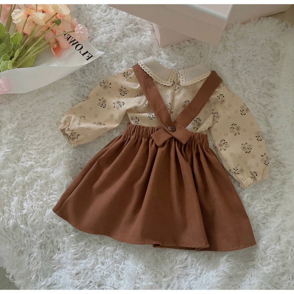 Váy bé gái Mykids váy thu đông cho bé set vintage trẻ em yếm nâu kèm áo dài tay hàng thiểt kế từ 6-32kg