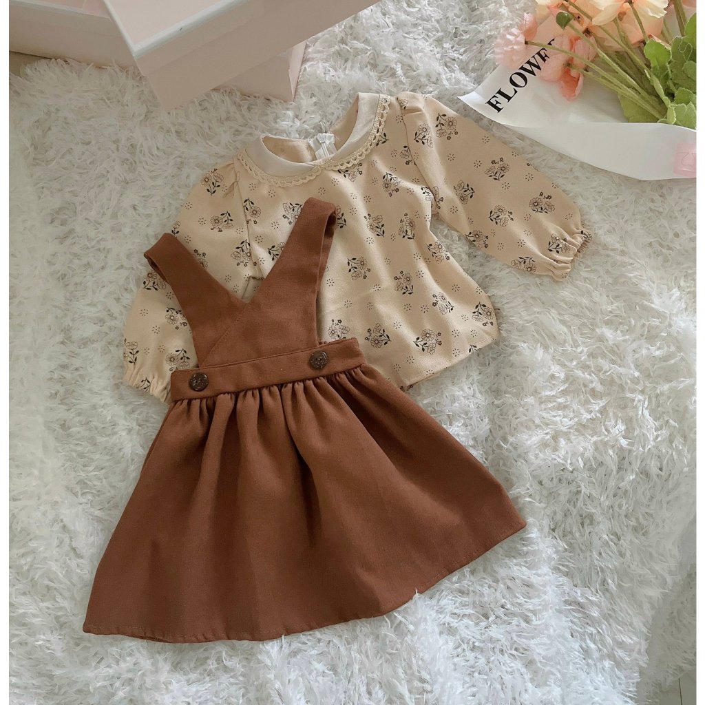 Váy bé gái Mykids váy thu đông cho bé set vintage trẻ em yếm nâu kèm áo dài tay hàng thiểt kế từ 6-32kg